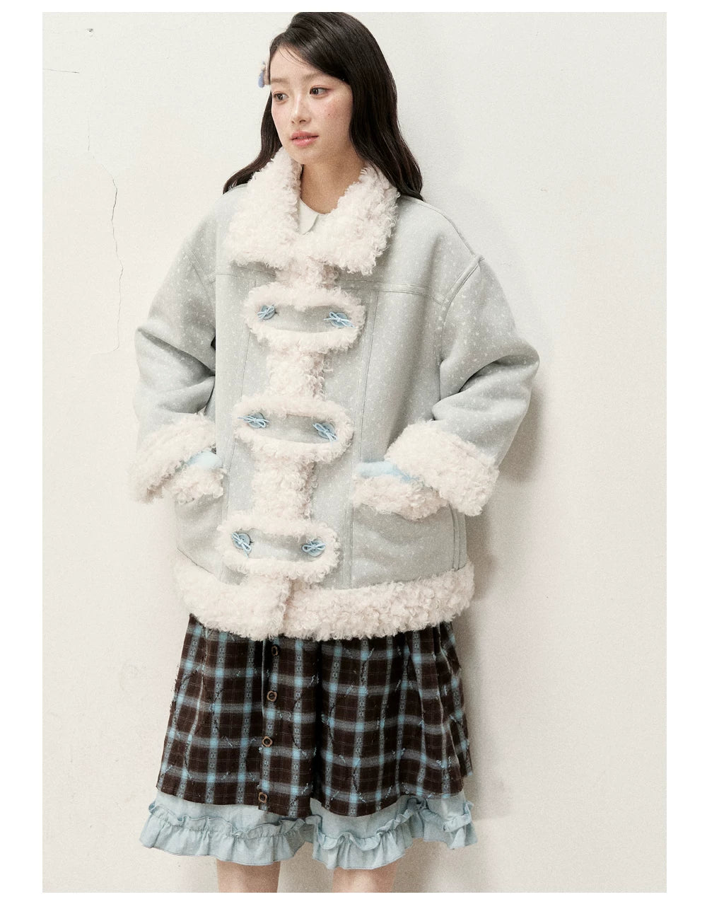 RF - Mist Blue Bow Print Suede-Look Jacket with Cream Curly Faux Fur Trim