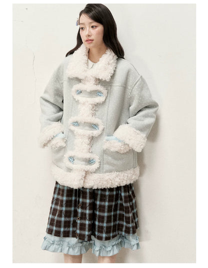 RF - Mist Blue Bow Print Suede-Look Jacket with Cream Curly Faux Fur Trim