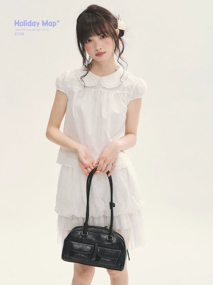 "Cotton Cloud" White Ruffle Collar Puff Sleeve Babydoll Top