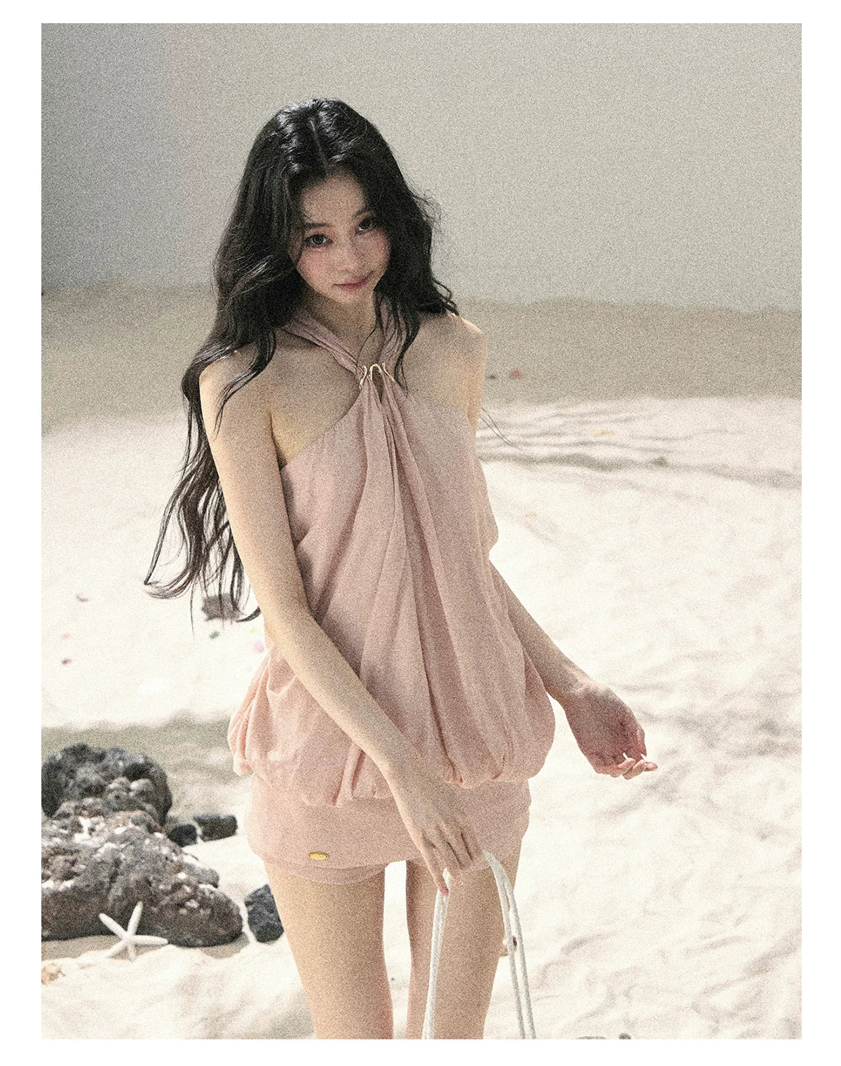 "Soft Luminous Glow" Misty Pink Halter Top & High-Waisted Skort Two-Piece Set