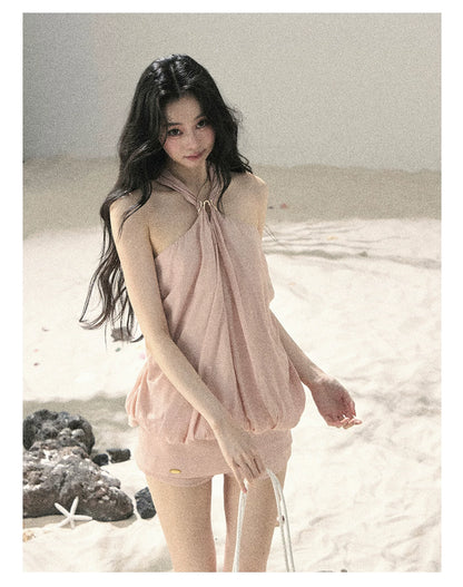 "Soft Luminous Glow" Misty Pink Halter Top & High-Waisted Skort Two-Piece Set
