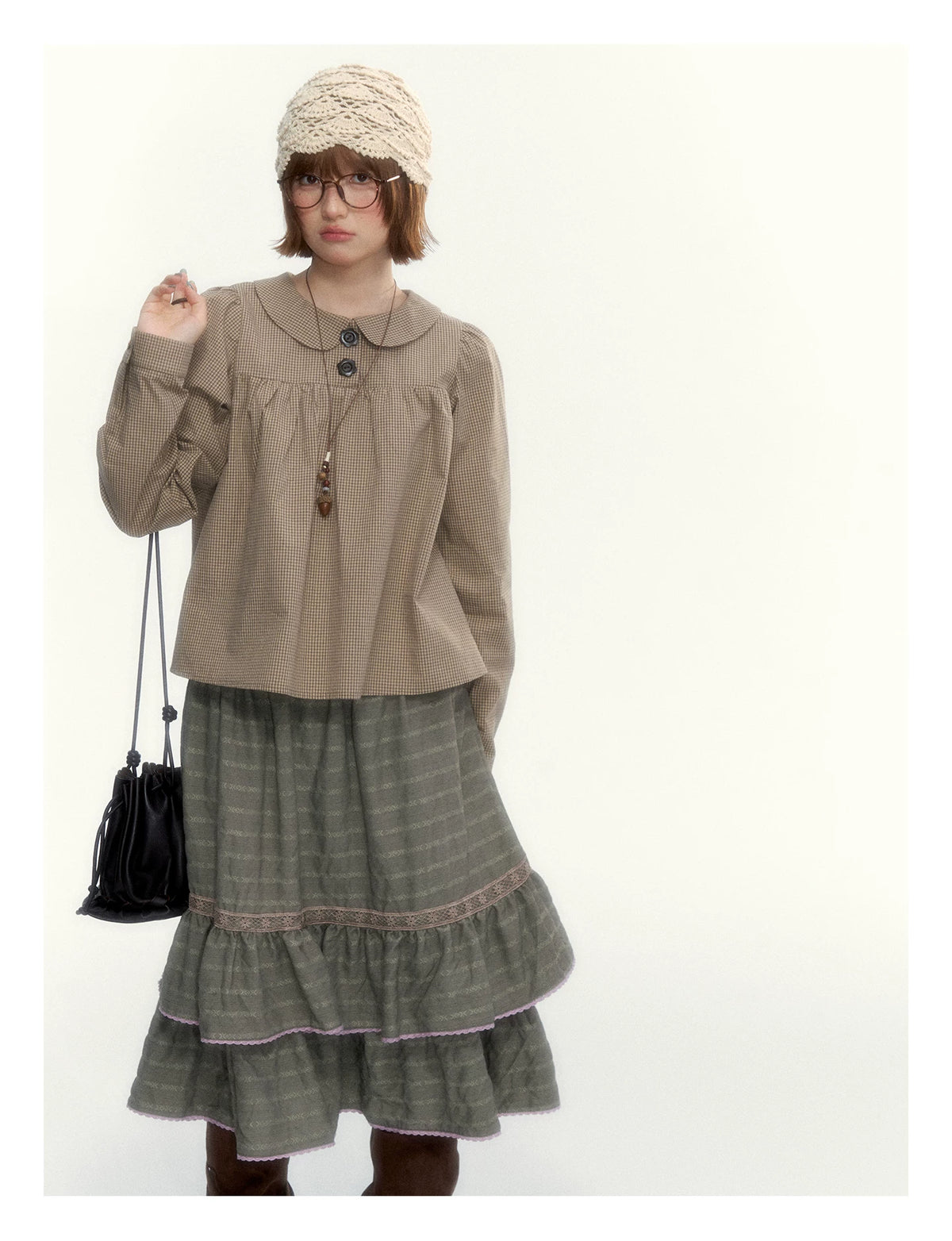"The Vintage Darling" Light Coffee Plaid Cotton Peter Pan Collar Blouse