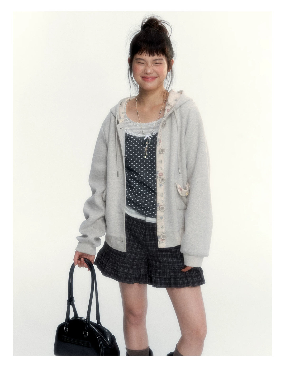 “Early Gray” Light Gray Striped Lace-Trimmed Fitted Long-Sleeve Top