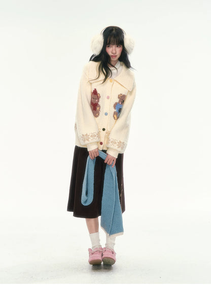 CAN - "Teddy’s Autumn Soirée" Cream White Teddy Bear Fair Isle Jacquard Cardigan