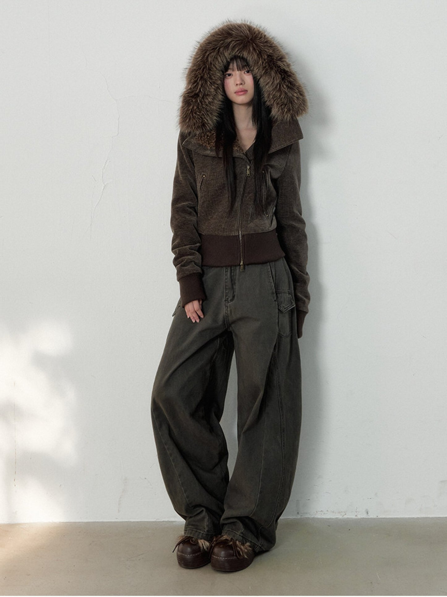 Soote Season - Deep Brown Chenille Faux-Fur Hooded Cropped Jacket