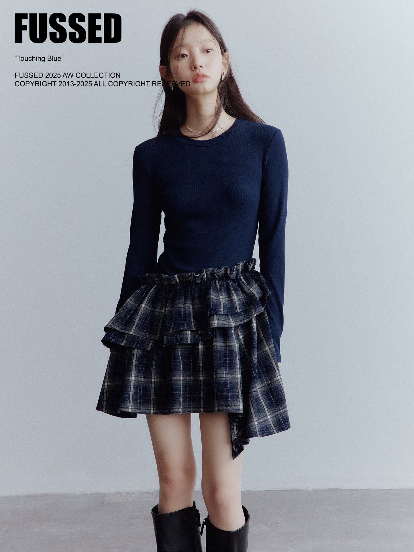 FUSSED Asymmetrical Layered Plaid Dress – Midnight Blue FOF-25AW215