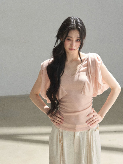 "Where Clouds Fall" Ruffle Sleeve V-Neck Crop Top (Forest Green/ Sage Gray/ Misty Blue/ Cinnamon Pink)