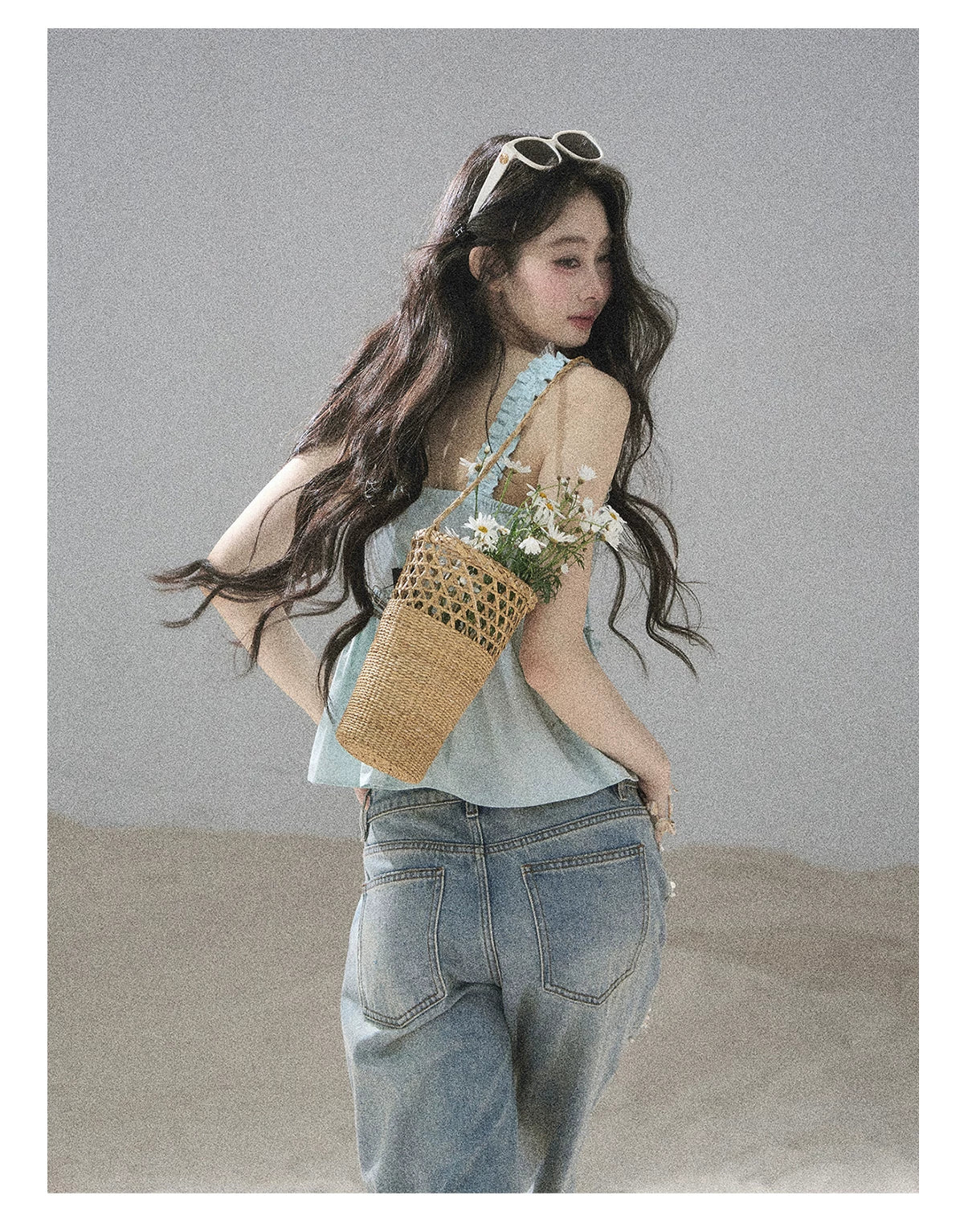 "Gentle Whisper" Glacier Blue Ruffle Peplum Cotton Top