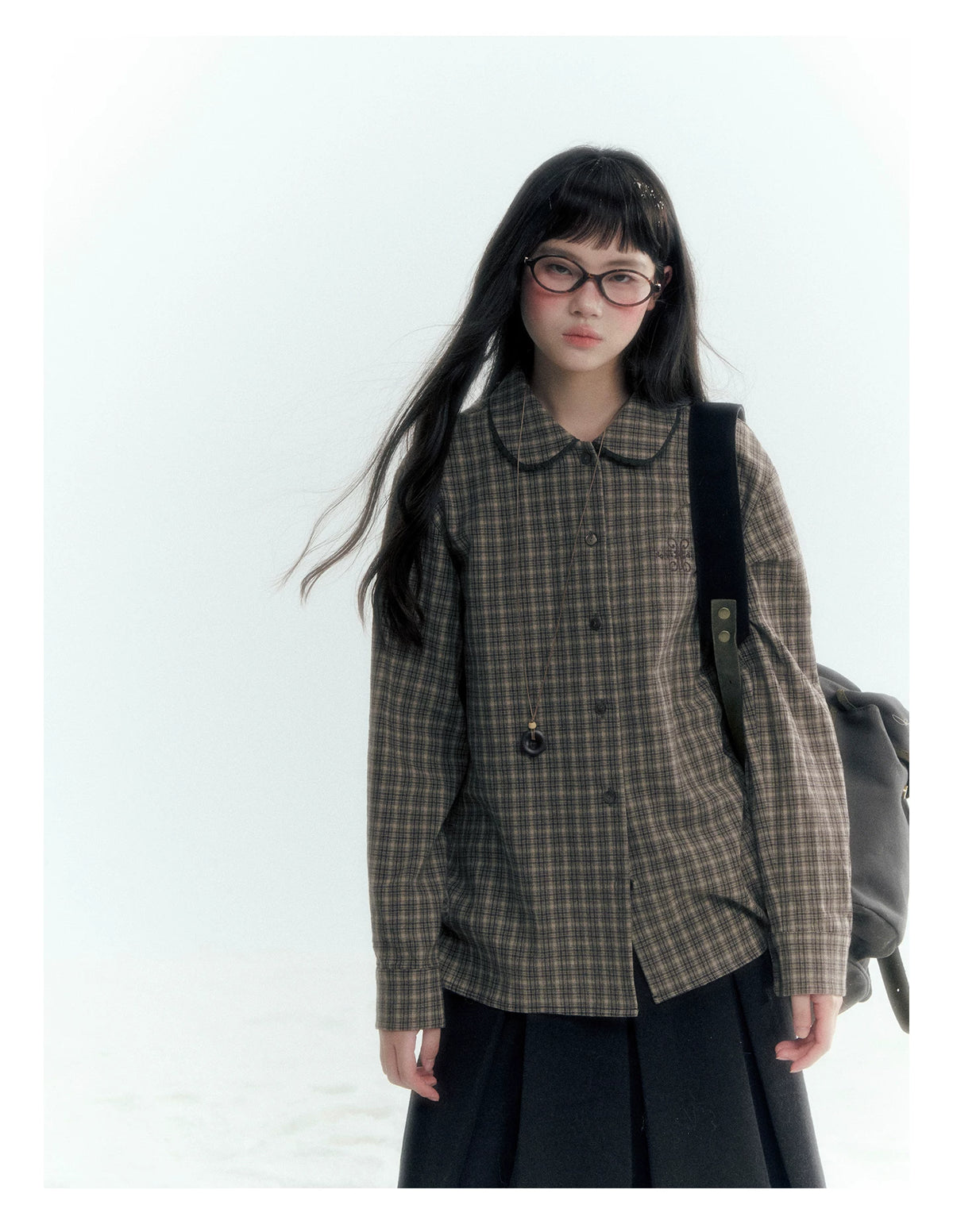 Horridale - Brown Khaki Plaid Embroidered Peter Pan Collar Shirt
