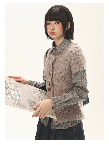 "Rice Knit" Wool-Blend Short Sleeve Knit Cardigan (Moss Coffee Green/ Dusk Dusty Pink)