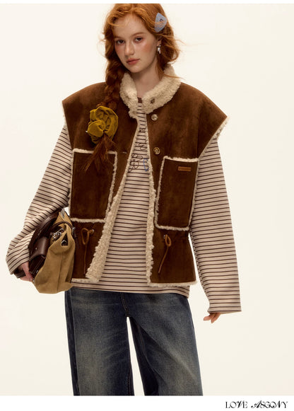 ASGONY - Brown Reversible Suede Faux Shearling Drawstring Vest