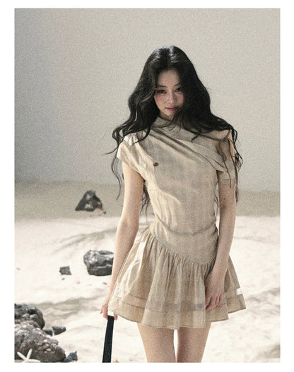 "Traces Left by the Wind" Sand Beige Off-Shoulder Plaid Puff Mini Dress