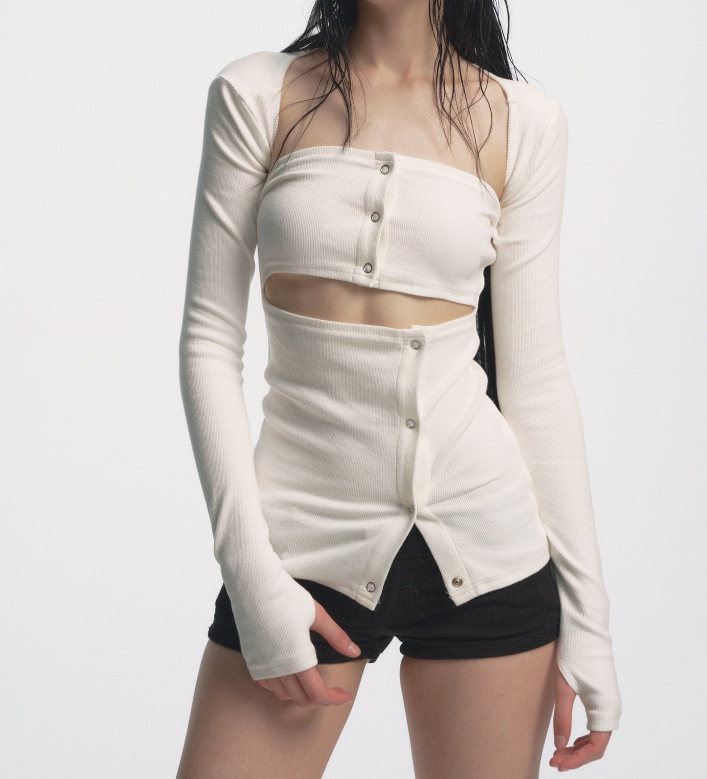Muirgen - White Y2K Sculpted Ribbed Waist-Cinched Base Top