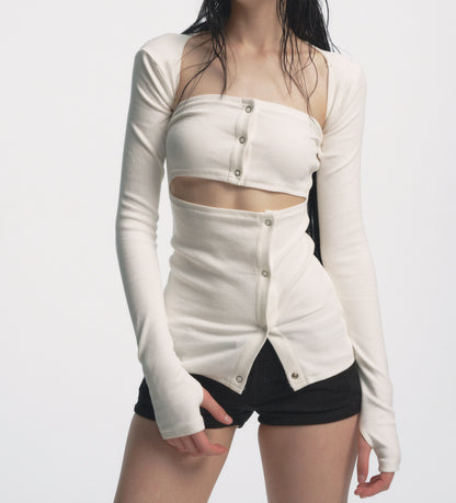 Muirgen - White Y2K Sculpted Ribbed Waist-Cinched Base Top