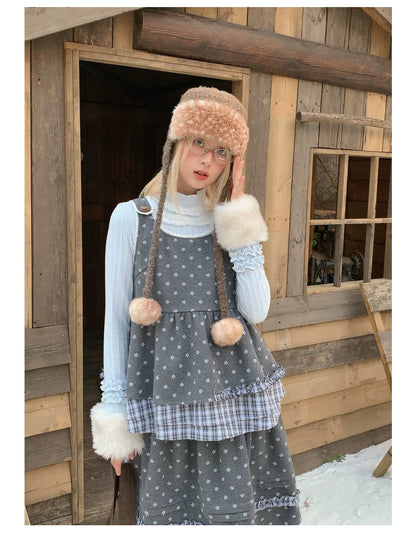 RF - Gray Floral Pinafore Top and Plaid Ruffle Skirt Set