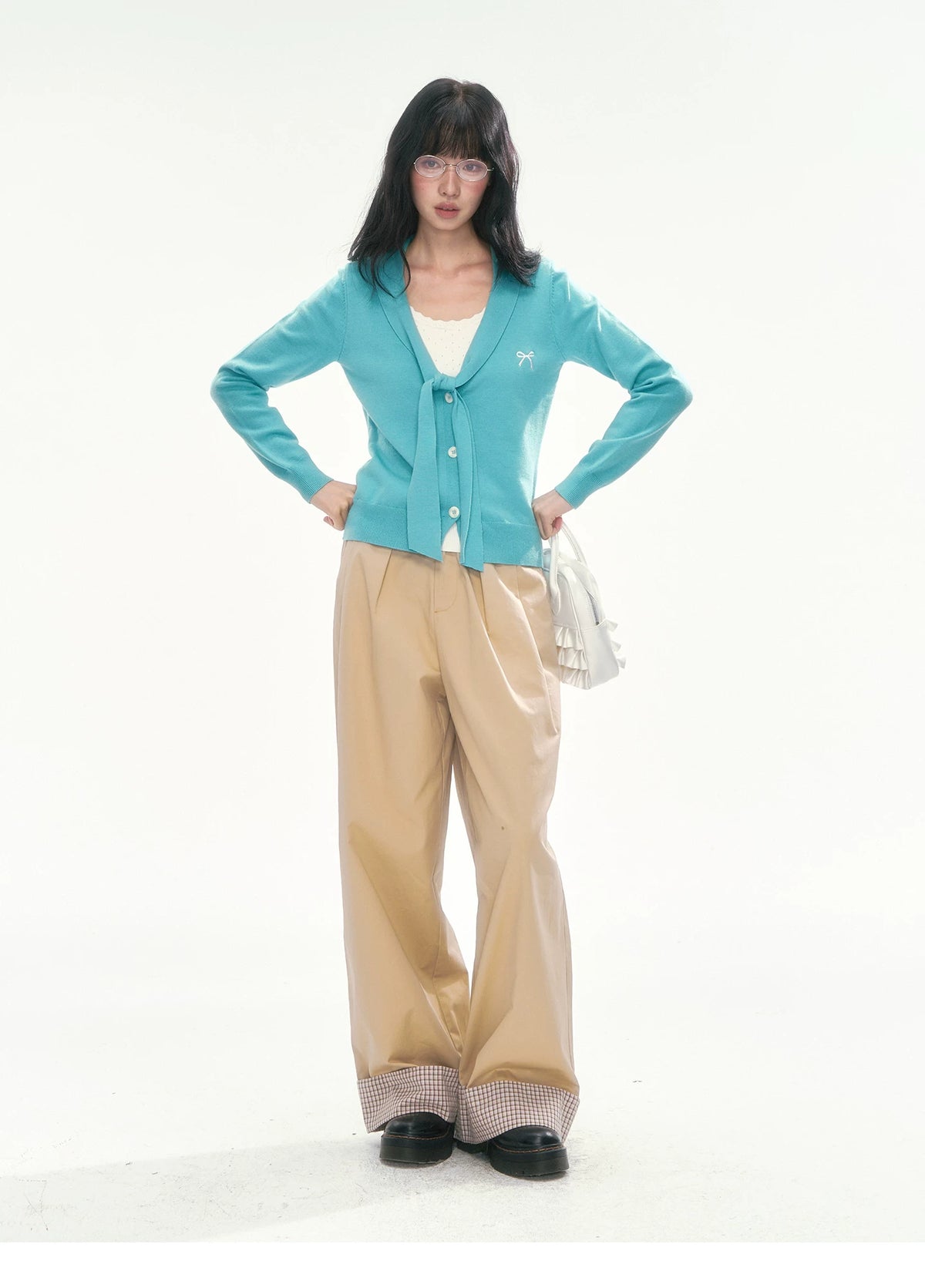 [CAN] Bow Embroidery Knit Cardigan (Blue / Yellow)