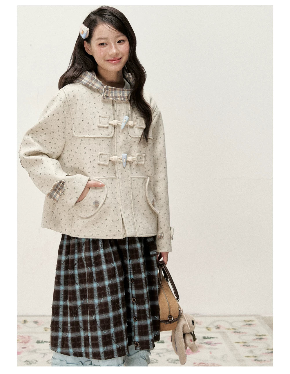 [RF] Floral Heather Beige Apricot Plaid-Trim Hooded Duffle Coat