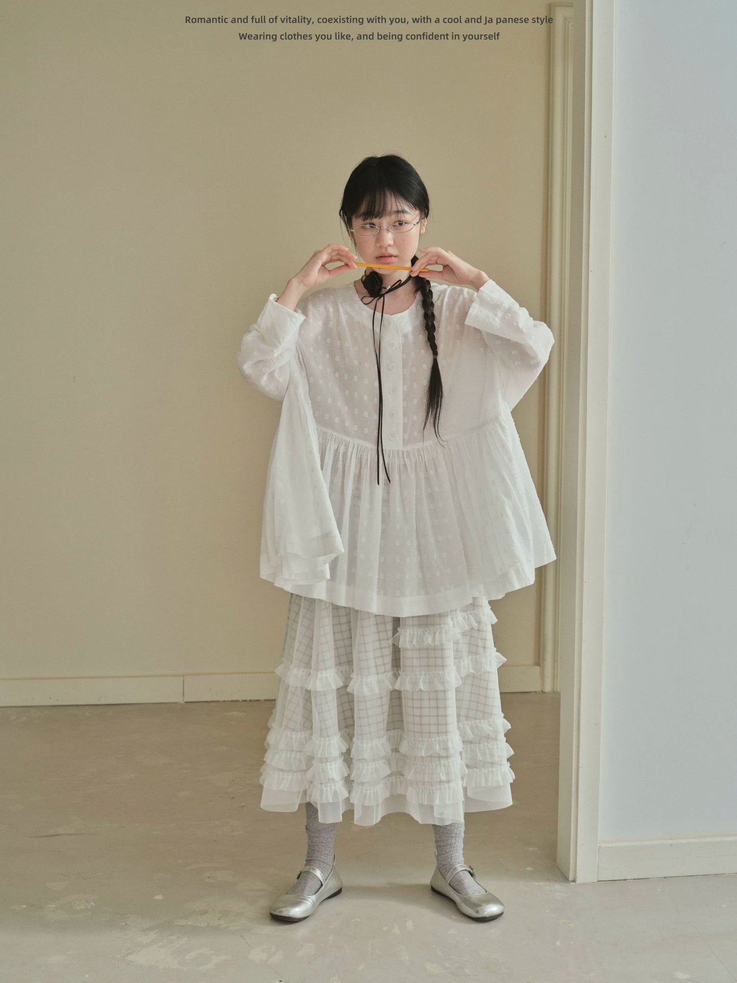 "Soft Polka Whisper" White Long Sleeve Babydoll Midi Dress