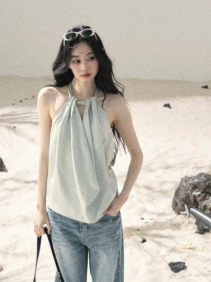 "Flowing Silk Reverie" Light Bean Green Halter Backless Top 536845