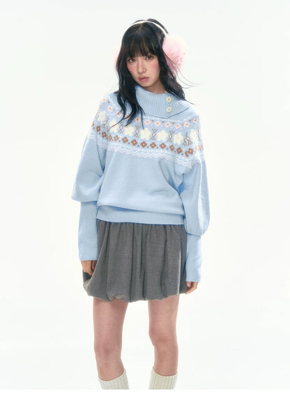 [CAN] Light Blue Floral Fair Isle Knit Sweater