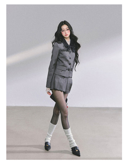 少也眼 “Maxiny Reverie” French Academia Jacket & Pleated Skirt Set