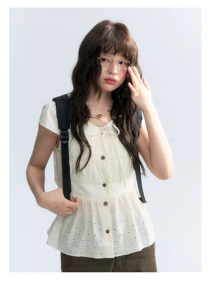 "Vintage Ribbon" Beige Bow Tie Lace Trim Blouse