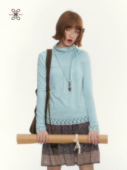 “Mint Milk Pudding” Mint Blue Lace-Trimmed Mock Neck Knit Top
