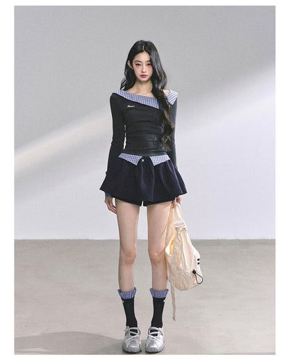 少也眼 Lester Style Faux Two-Piece Plaid Sweatshirt