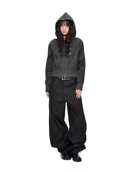EZEK | Cropped Hooded Sweatshirt Jacket with Double Metal Snap Closure (Black / Gray)