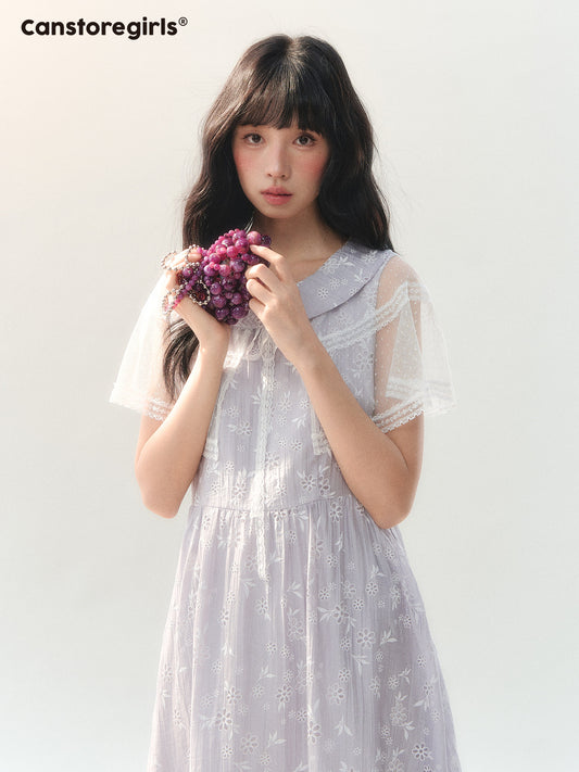 170726C "Lavender Bloom Whisper" Purple Floral Cape Tulle Tie-Waist Dress