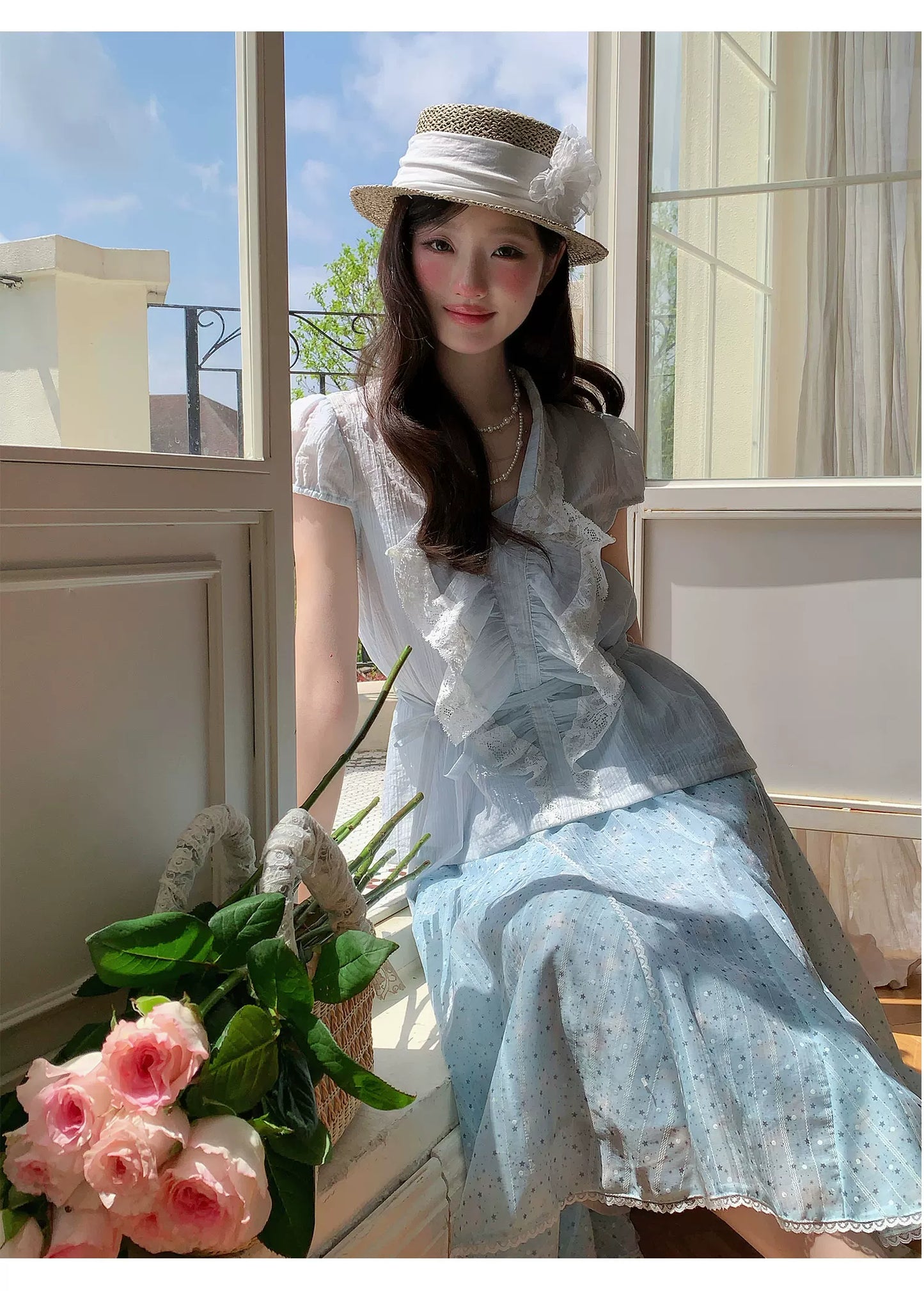 “Blue Berry Stardust” Blue Floral Polka Dot Skirt