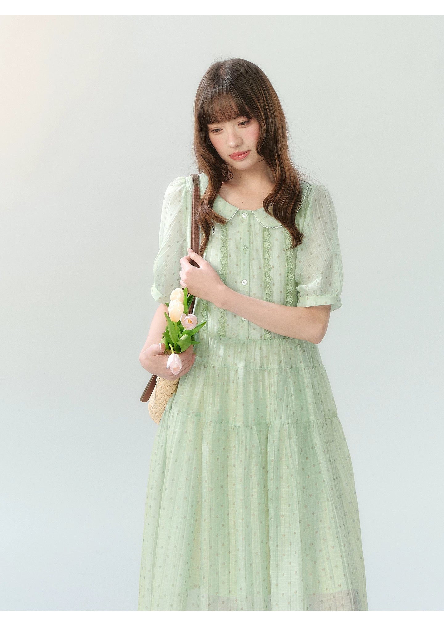 "Hyacinth Ballad" Sage Green Polka Dot Tiered Dress LL2026210