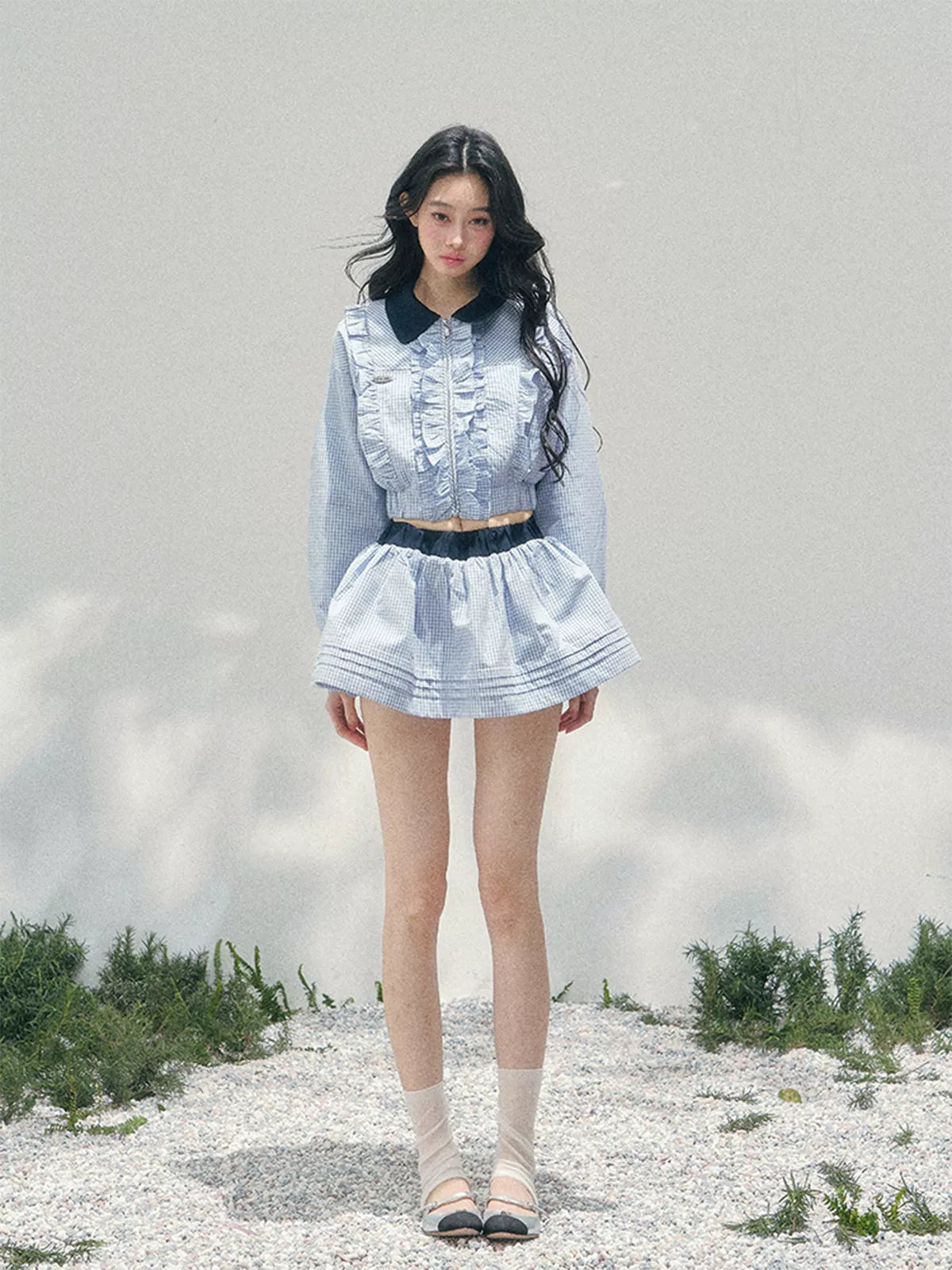 “English Manor” Plaid Cropped Top & Bubble Mini Skirt Set