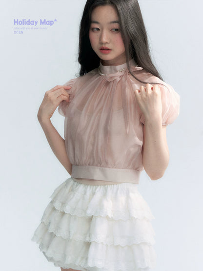 Vintage Stand Collar Bow Puff Sleeve Waist-Cinching Blouse with Knit Cami Set