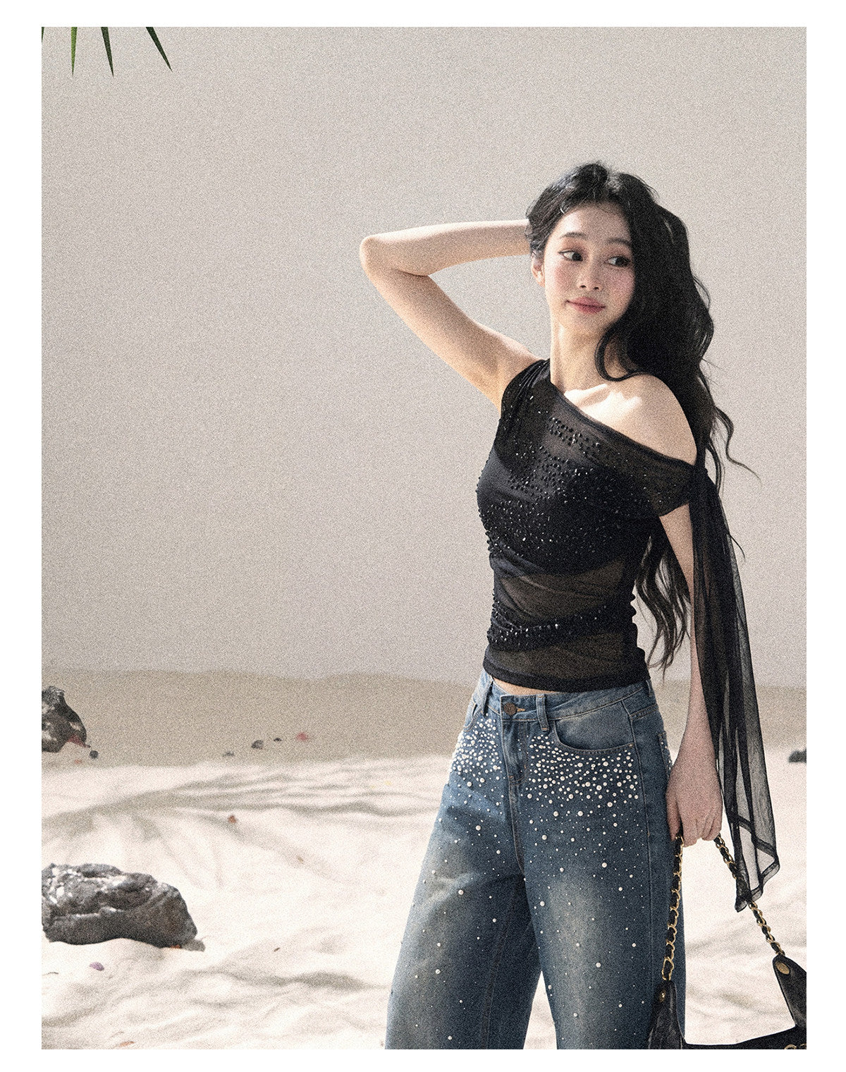 “Frosted Kiss” Quiet Black Crystal Mesh Sleeveless Top
