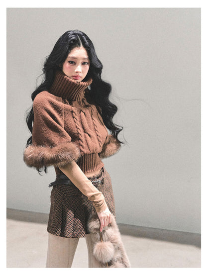 少也眼 “Only She Remains Awake" Brown Mohair High-Neck Knit Sweater (with detachable faux fur)