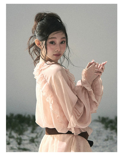 “Whispers of the Wind” Blush Pink Lace Chiffon Blouse (With Belt)