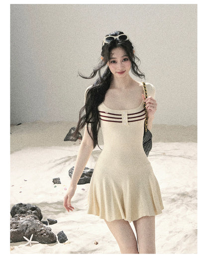 "First Date" Ivory Square Neck Knit Pleated Mini Dress