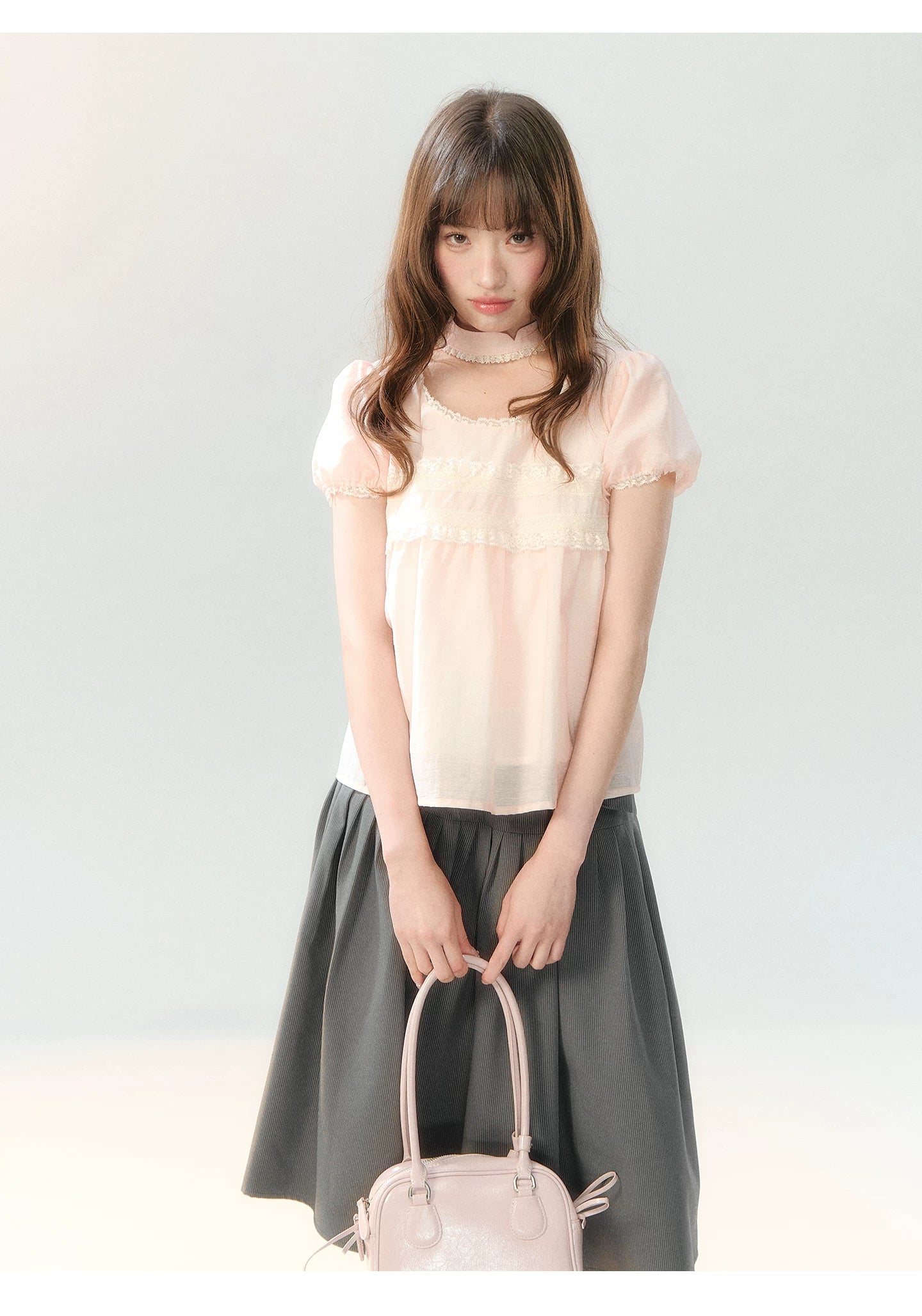 "Cloud Gray Sweet Pleats" Gray Stripe Bow Pleated Skirt LL2026219