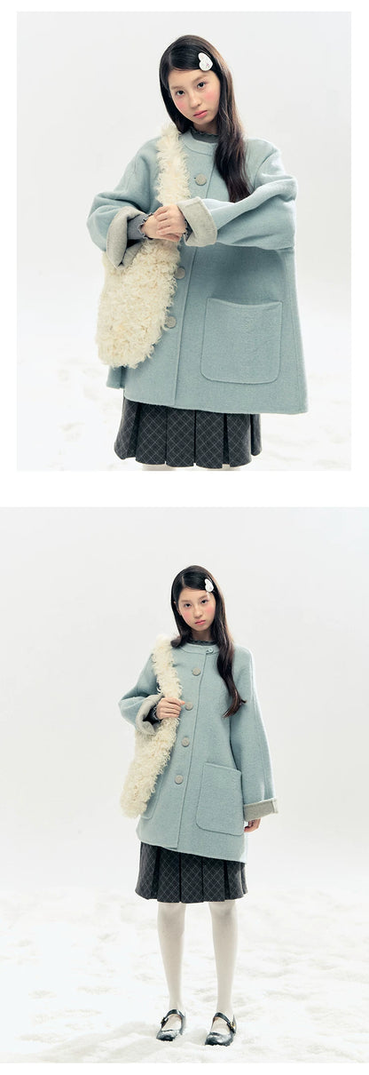 "Double Winter Embrace" Blue & Gray Reversible Wool-Blend Cape Coat