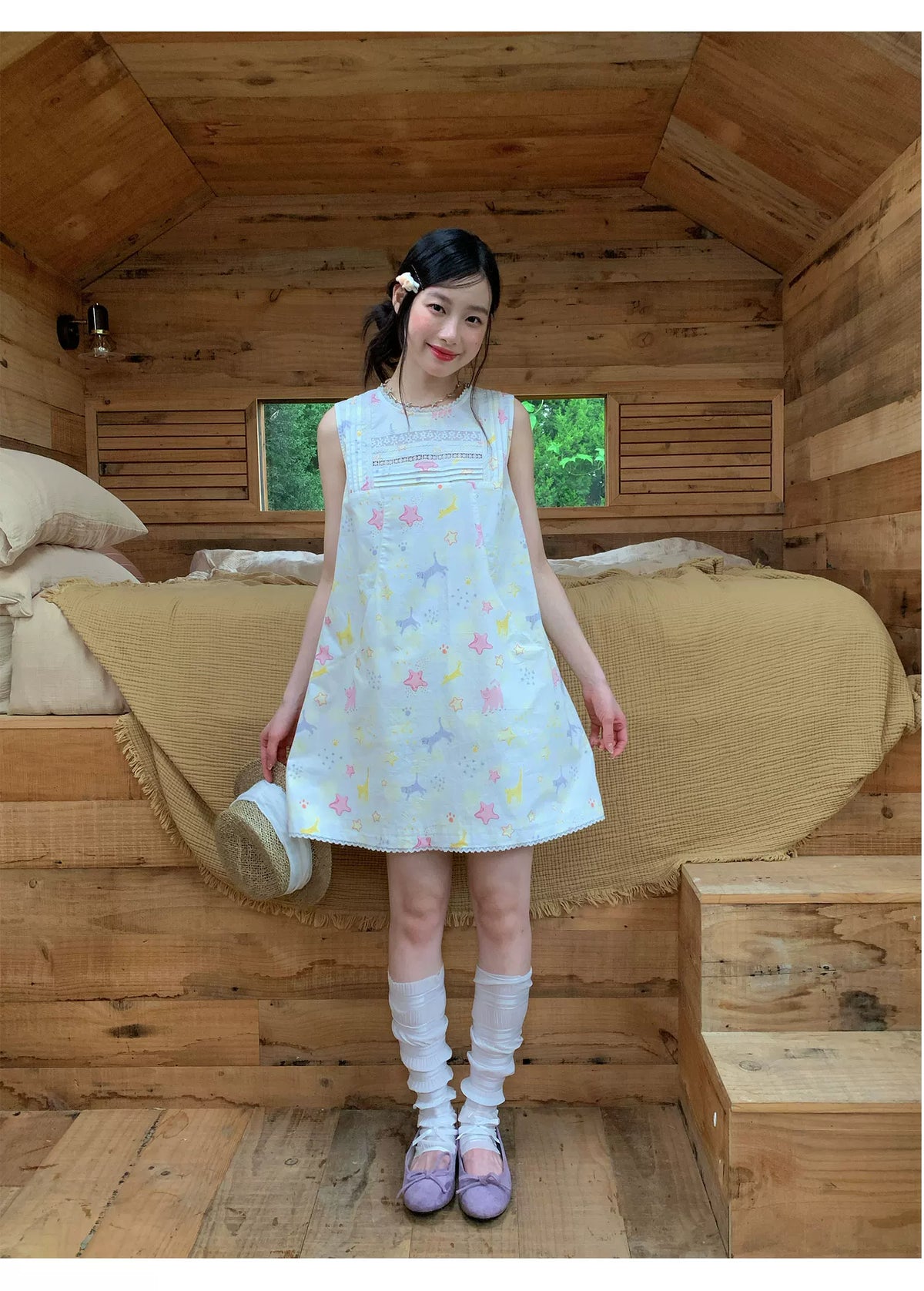 [RF] “Starry Pals” Ivory Animal Print Lace-Trim Sleeveless Mini Dress