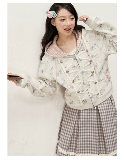 [RF] Vintage Floral Waffle Knit Hoodie Cardigan with Gingham Lining