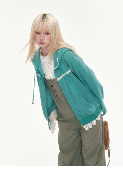 [CAN] Green Lace-Trim Waffle Knit Zip-Up Hoodie