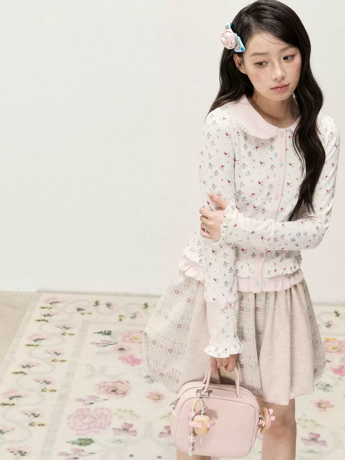 [RF] Vintage Floral Patchwork Knit Bubble Skirt in Blush Pink