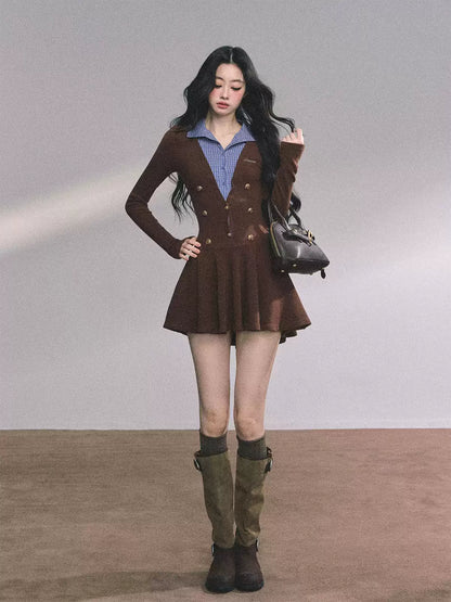 少也眼 Long Sleeve Faux Two-Piece Knit Dress
