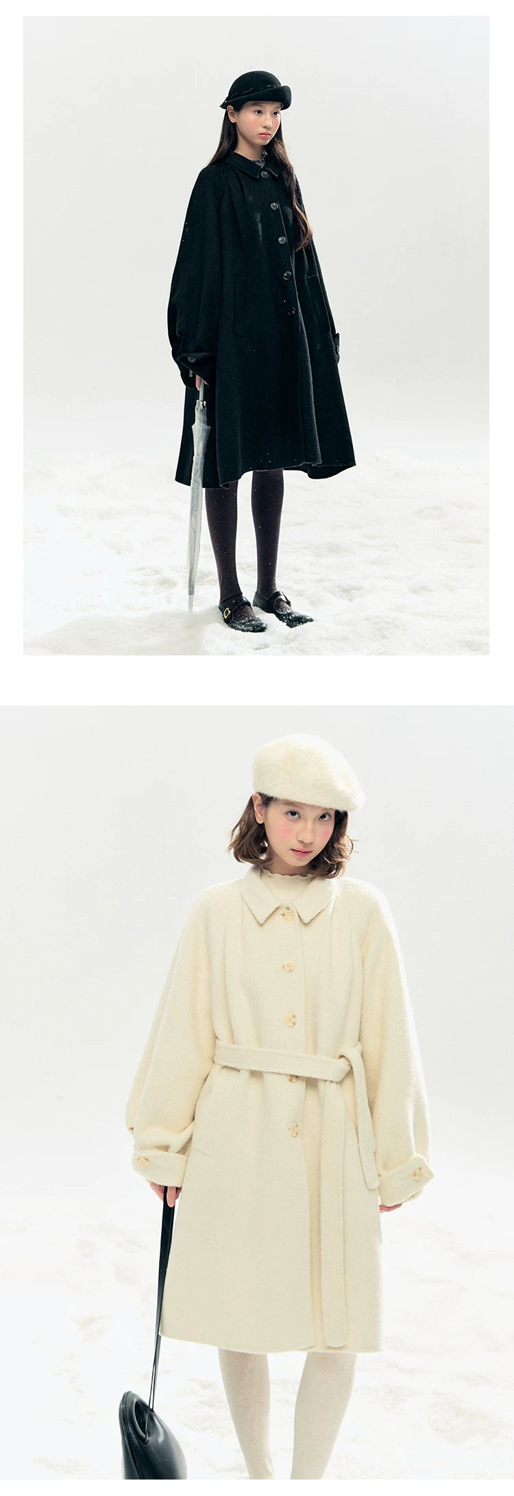 "Black & White Waltz" Hand-Stitched Wool-Blend Swing Coat (Ivory/ Black)