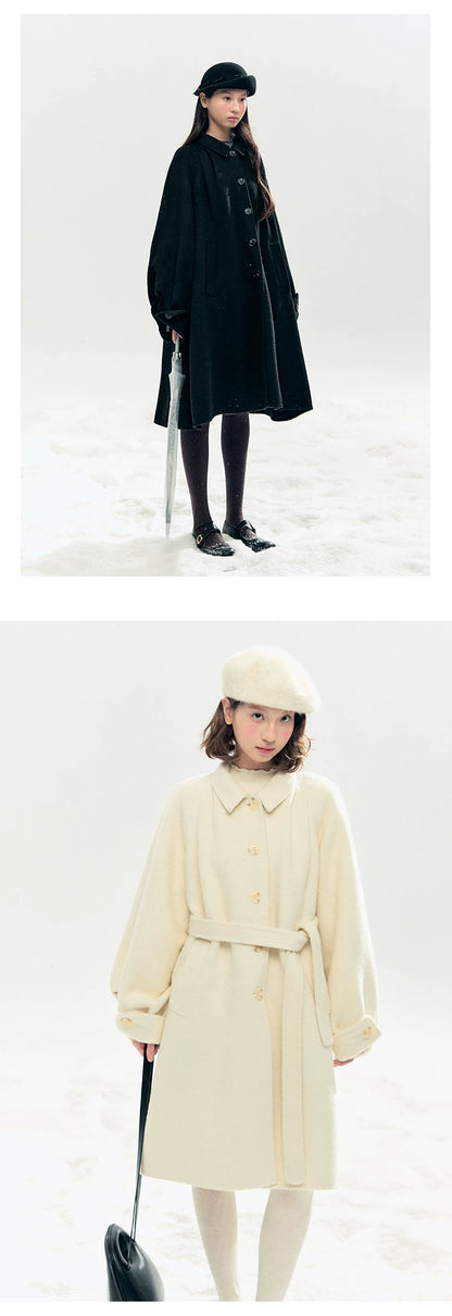 "Black & White Waltz" Hand-Stitched Wool-Blend Swing Coat (Ivory/ Black)