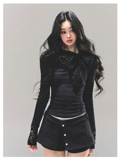 少也眼 “Monochrome Whispers" Lace Long-Sleeve Top - Black