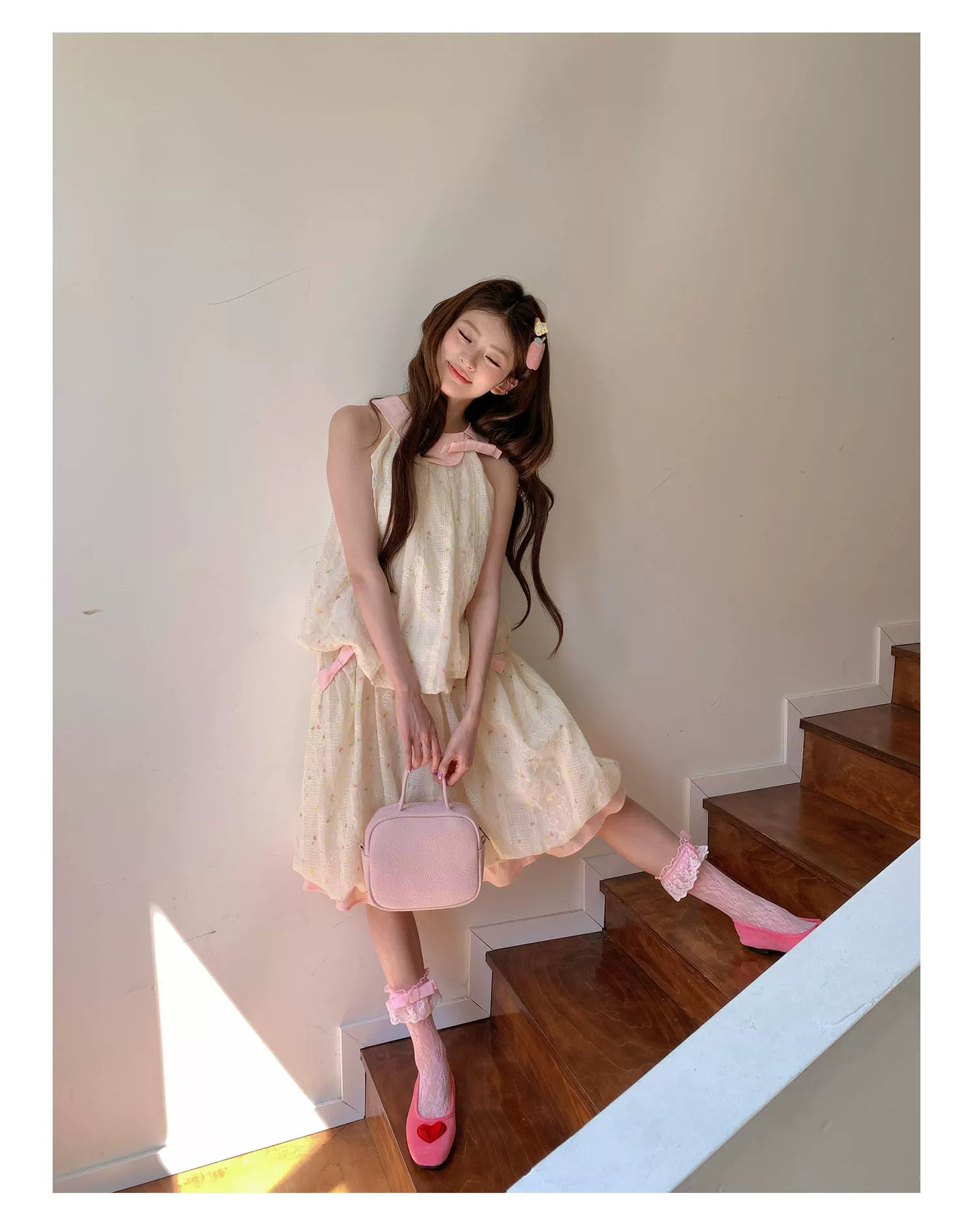 “Peach Cream Brioche” Cream Apricot Floral Bubble Skirt Set
