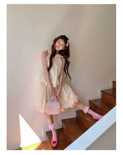 “Peach Cream Brioche” Cream Apricot Floral Bubble Skirt Set